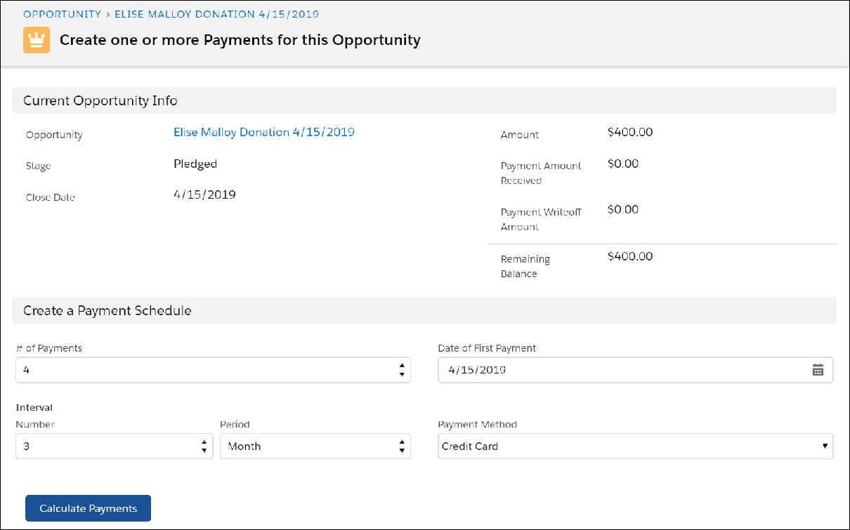 Schedule Payments for this Opportunity