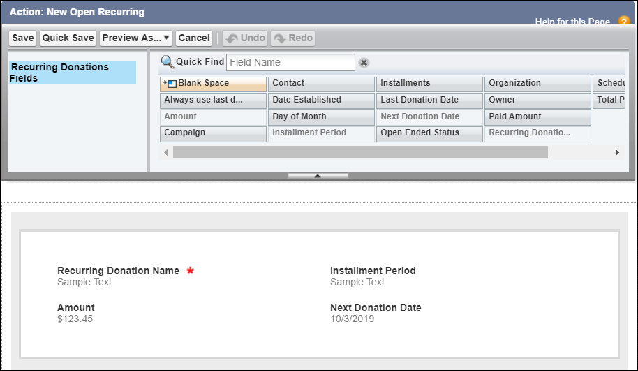 Recurring Donation action layout