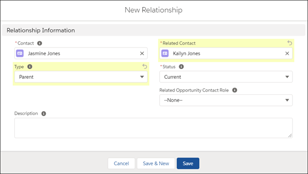 New Relationship window: Contact = Jasmine Jones, Related Contact = Kailyn Jones, Type=Parent, Status=Current.