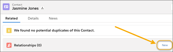 Relationships related list on Contact with New button highlighted