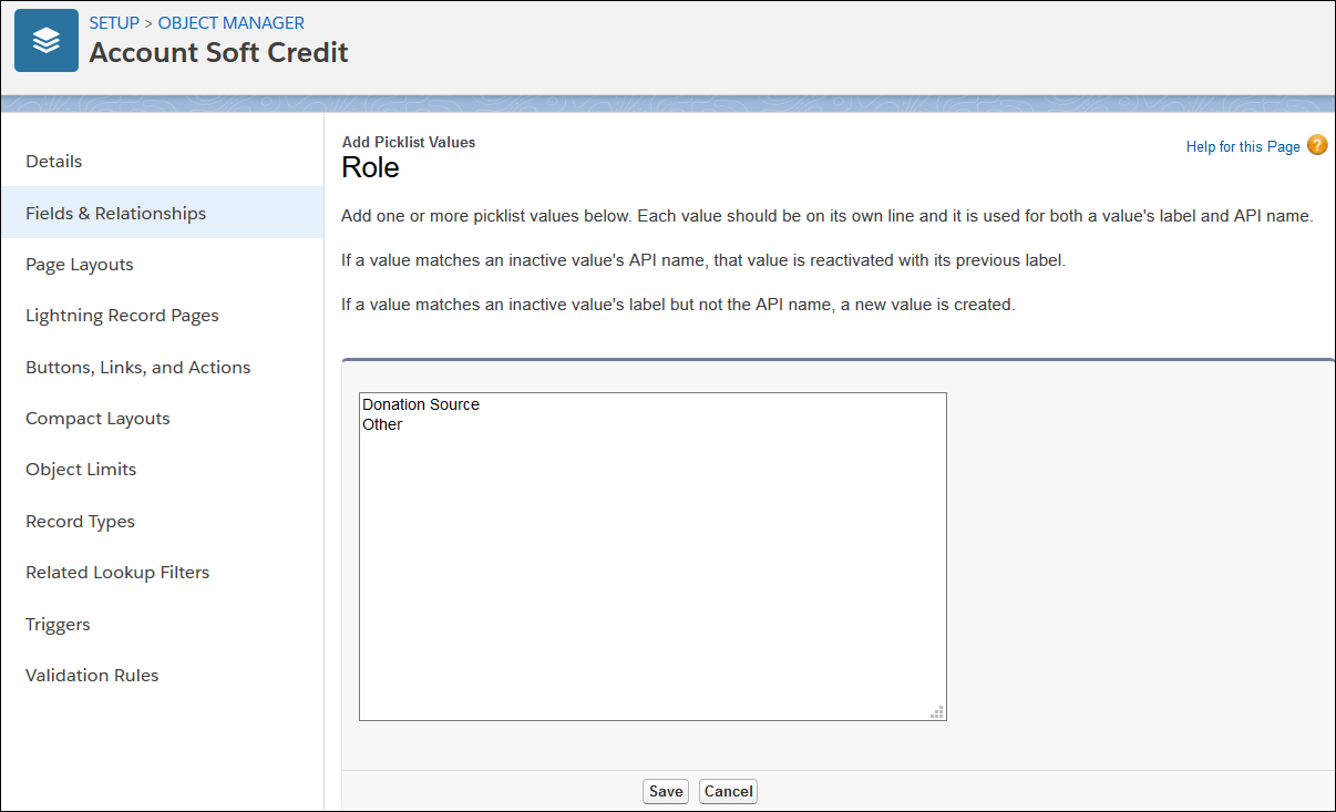 Adding new values to the Role field. Each value is on its own line.