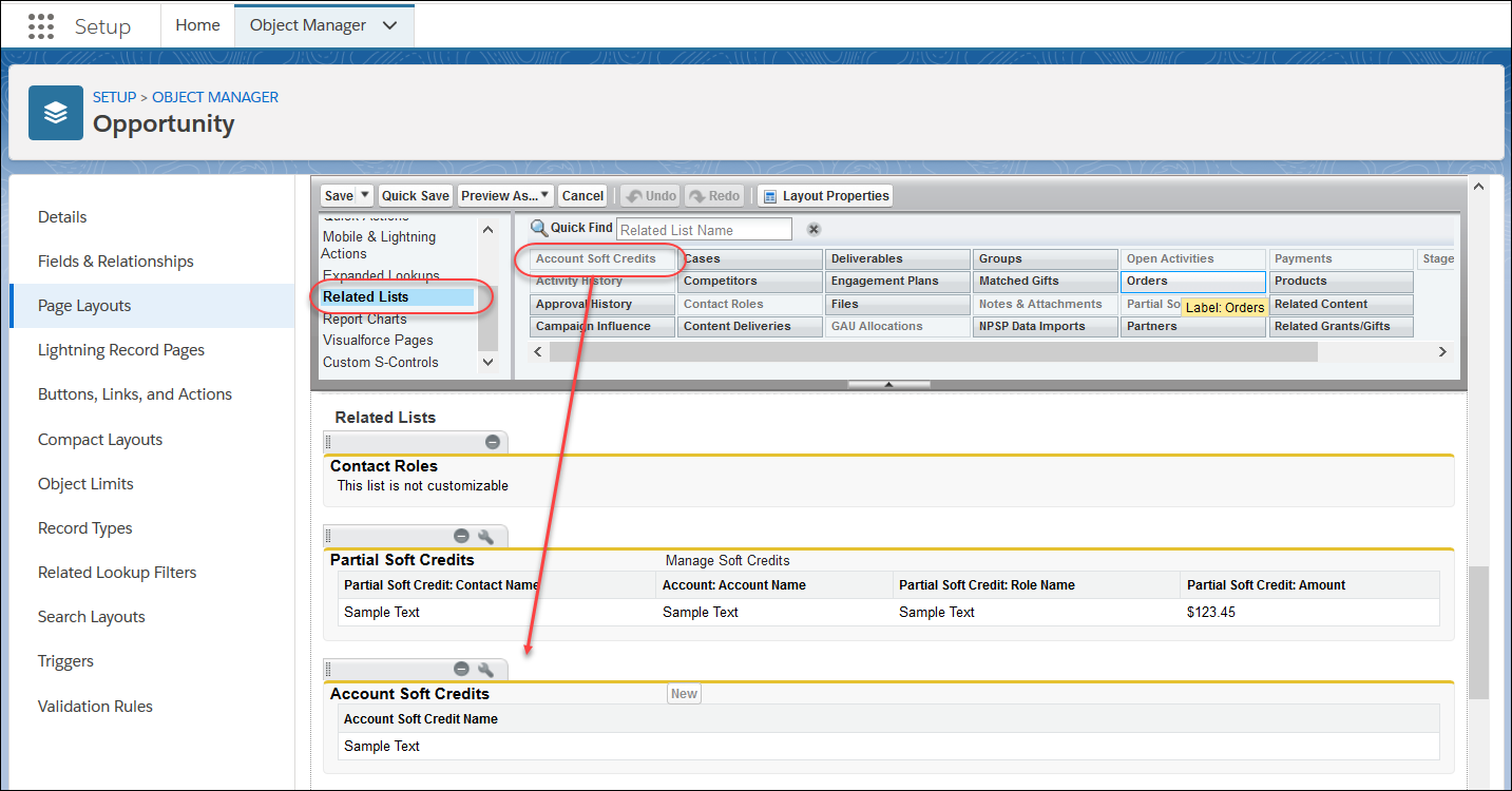 Page layout editor showing that you need to drag the Account Soft Credits item from the related lists and drag it on to the page