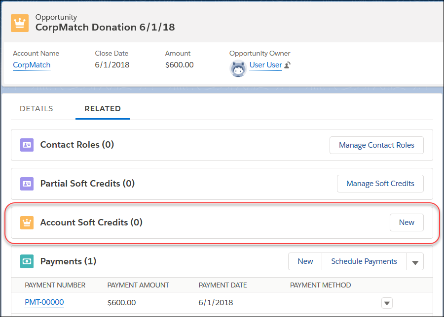 Showing an Opportunity record with the Account Soft Credits related list highlighted.
