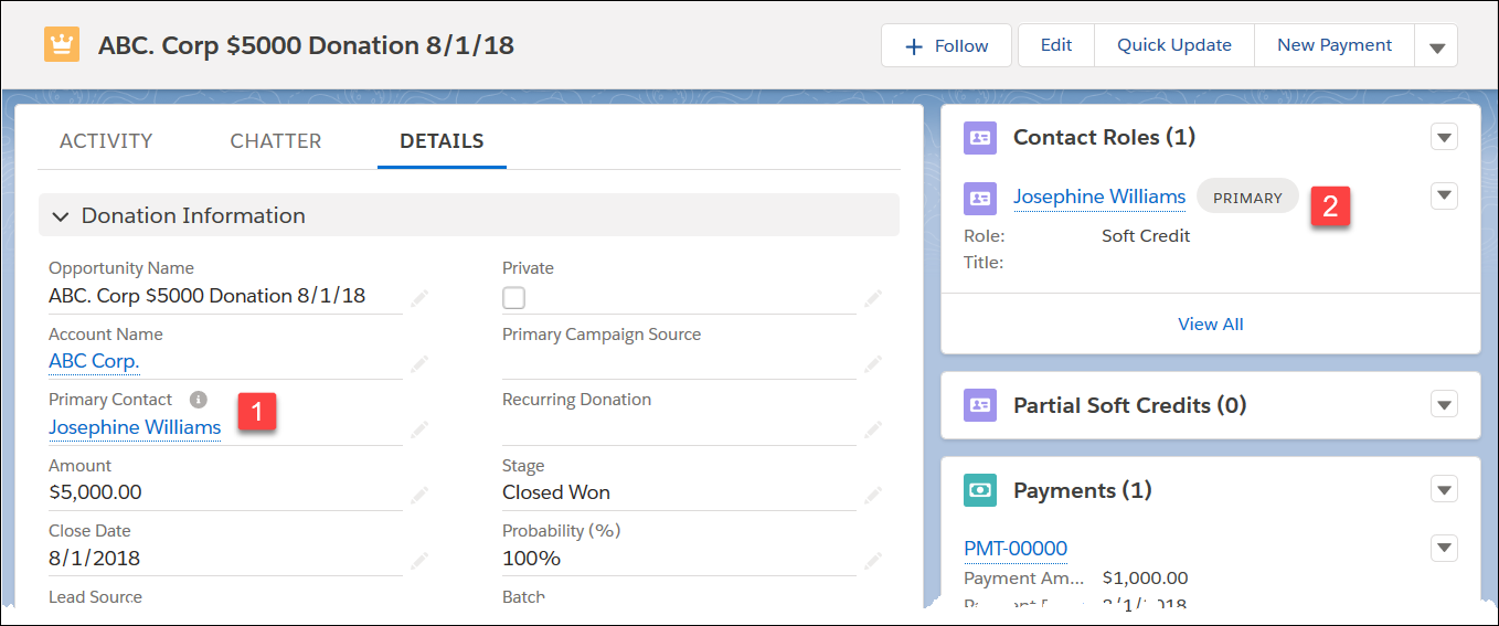 Opportunity record from ABC Corp with Josephine Williams listed as the Primary Contact, and with a Soft Credit Contact Role.