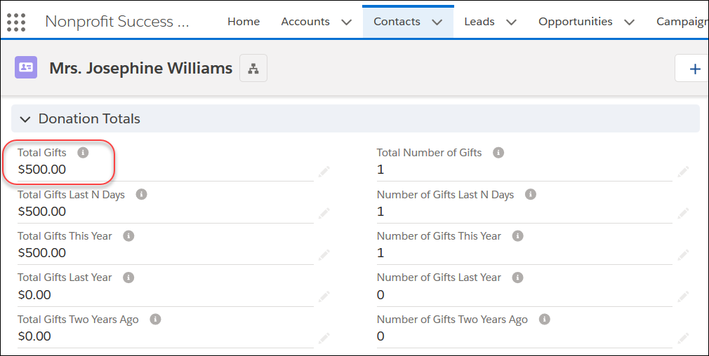 Contact record for Jospehine Williams, showing that the Total Gifts field includes the $500 donation.