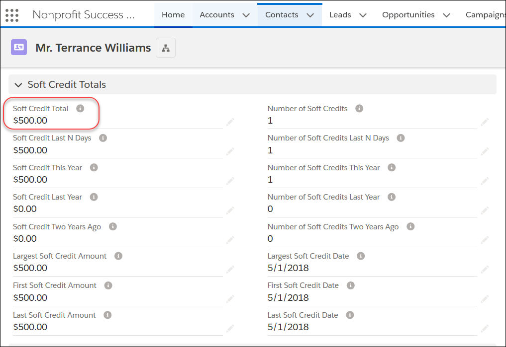 Contact record for Terrance Williams, showing that the Soft Credit Total rollup field shows the $500 donation.
