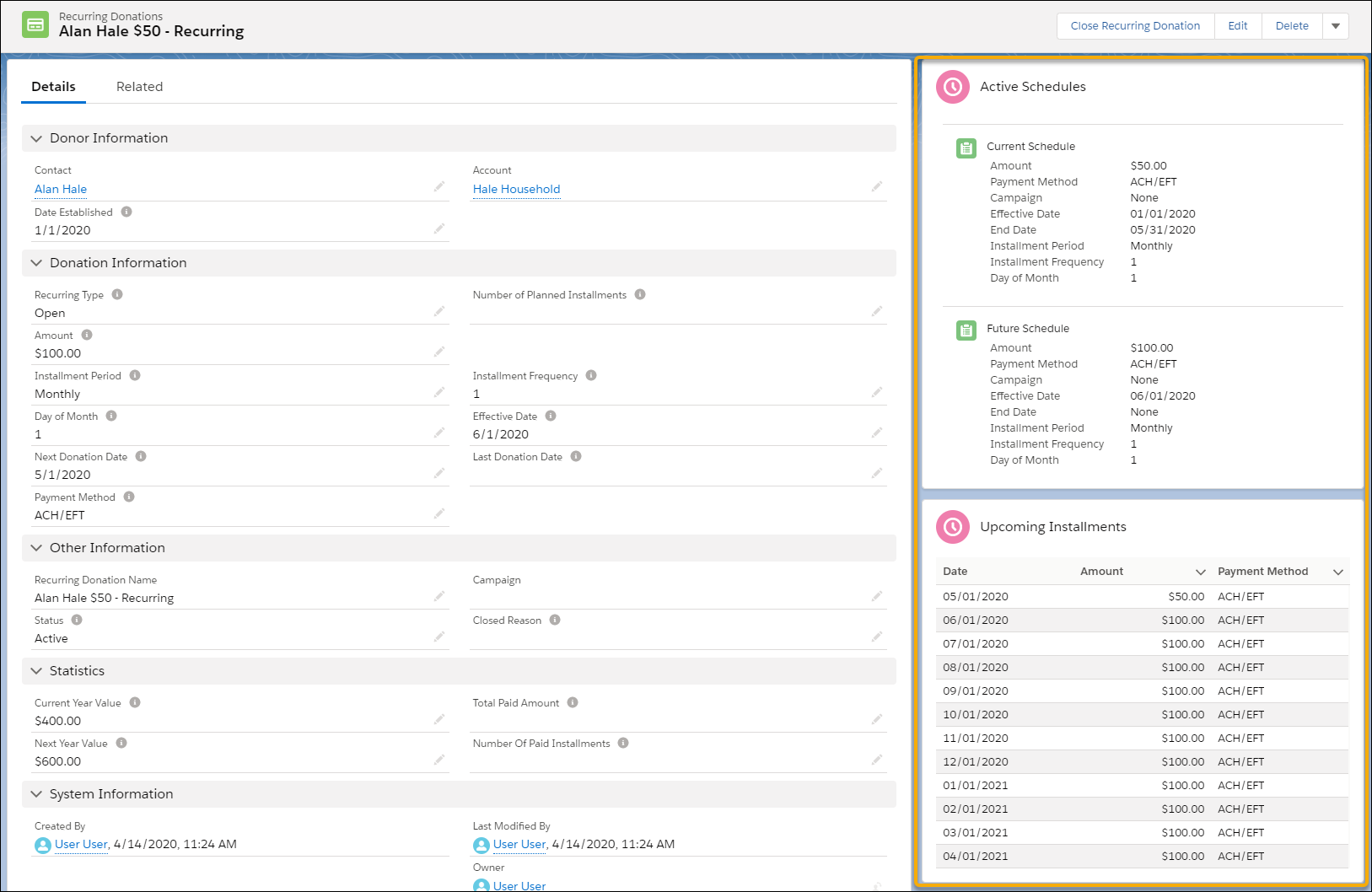 A Recurring Donation record with the Active Schedules and Upcoming Installments components highlighted.