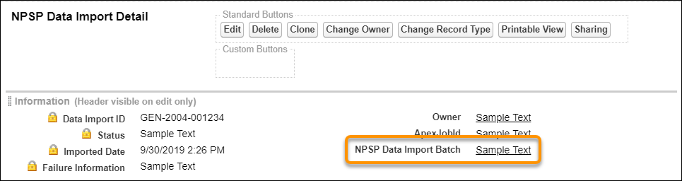 NPSP Data Import page layout, with the NPSP Data Import Batch field highlighted
