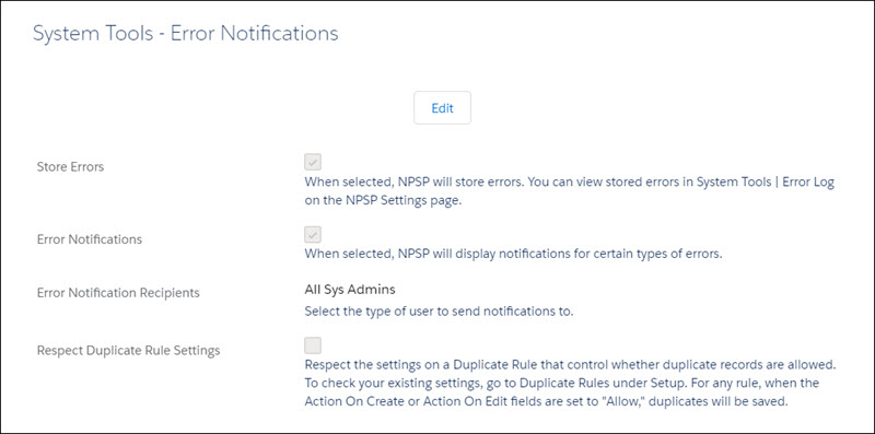 Error Notifications screen