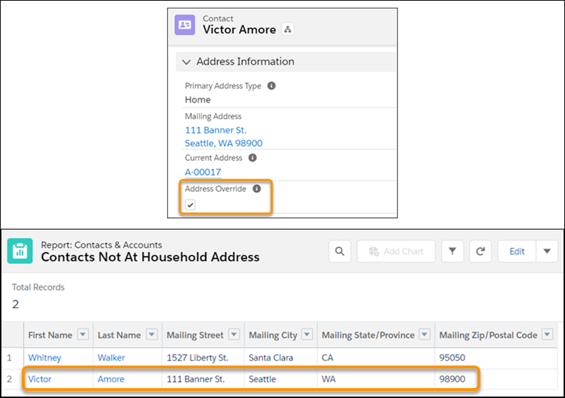 Shows a Contact whose Address Override checkbox is selected, and the Mailing label report for Contacts with Address Override selected.