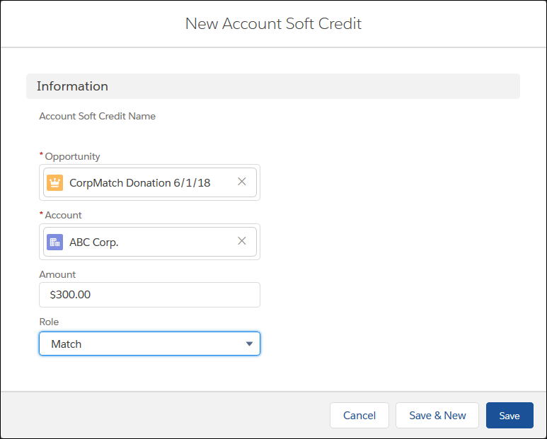 New Account Soft Credit screen.