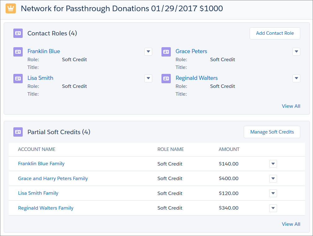 screenshot of soft credit related lists