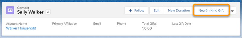 New In-Kind Gift button on the Contact header