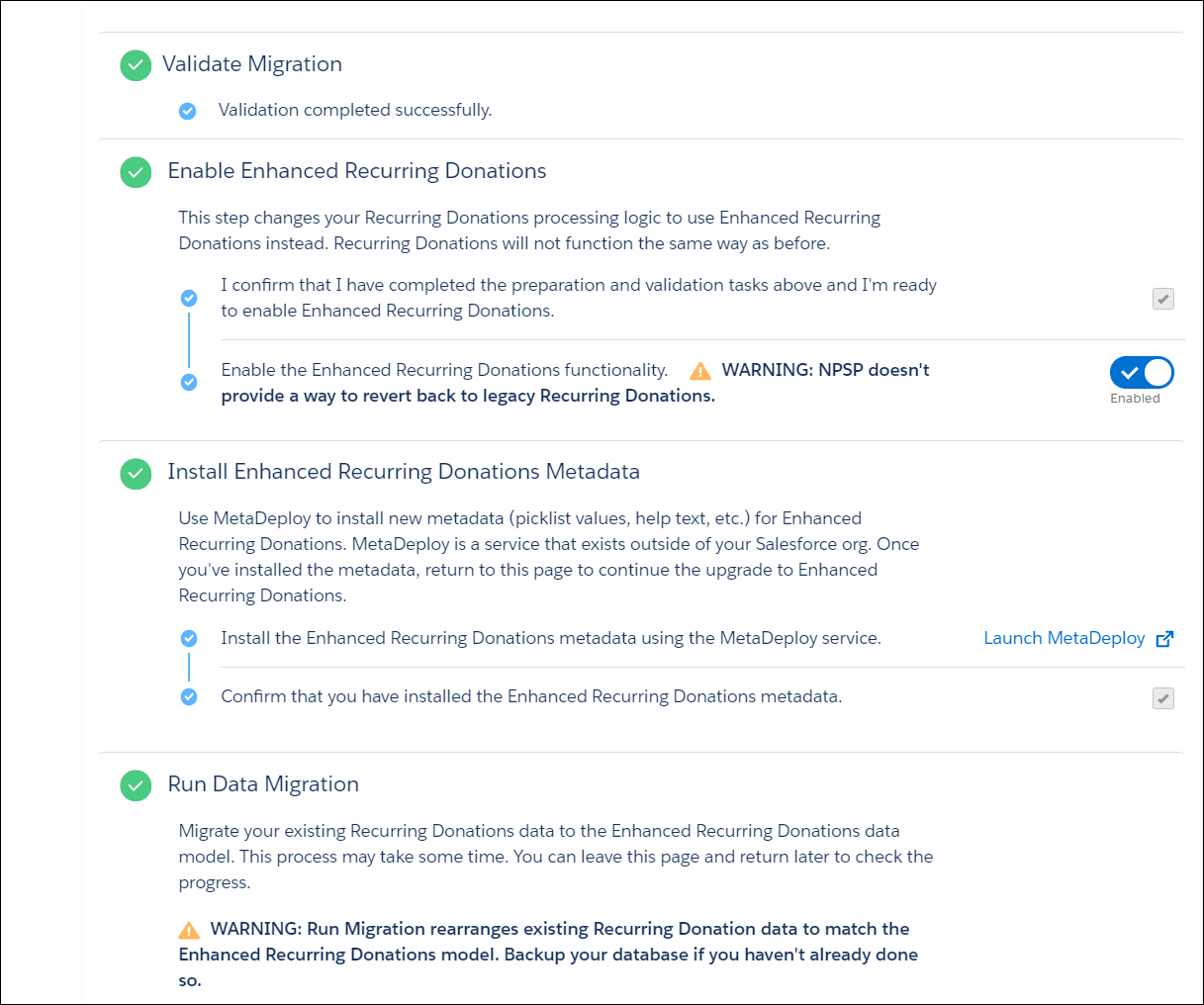 The Upgrade to Enhanced Recurring Donations page with all steps complete