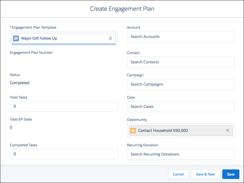 Create Engagement Plan screen with an automatically populated Opportunity record