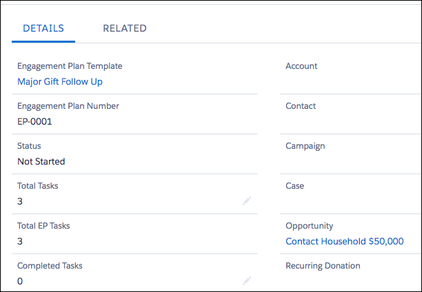 The tasks from the template appear on the Engagement Plan record with the appropriate information