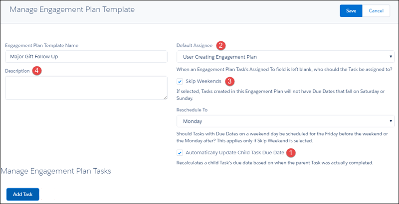 Create new Manage Engagement Plan Template screen, with fields numbered to match the descriptions in the text below.