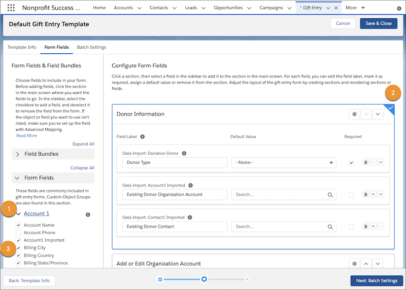 Gift Entry Form Fields tab with numbered callouts for the Account 1 Object Group name in the sidebar (1), the Donor Information section highlighted (2), and multiple fields in the Account 1 group selected in the sidebar (3).