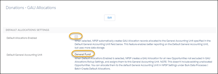 Donations - GAU Allocations settings with Default Allocations Enabled selected, and "General Fund" set as the Default General Accounting Unit.