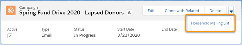 Campaign record with Household Mailing List highlighted.