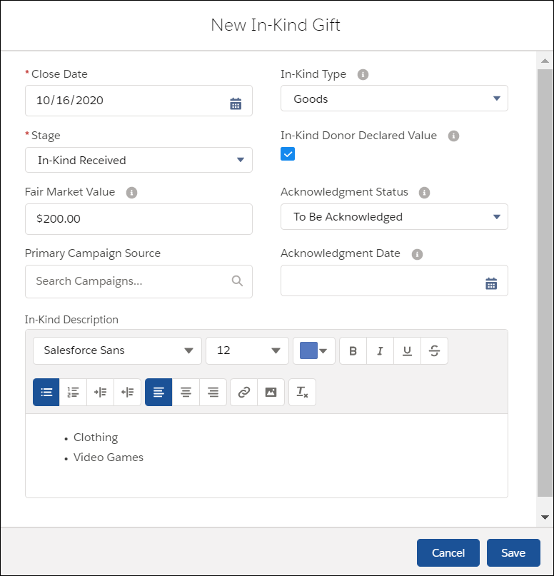 In-Kind Gift entry form