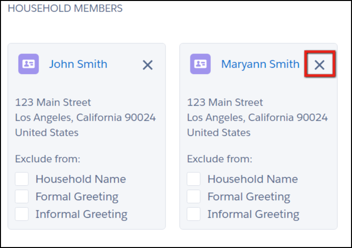 Manage Household Page: Remove a contact from the household