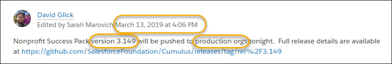 NPSP Release Announcement post showing version 3.149 pushed to production on March 13, 2019.