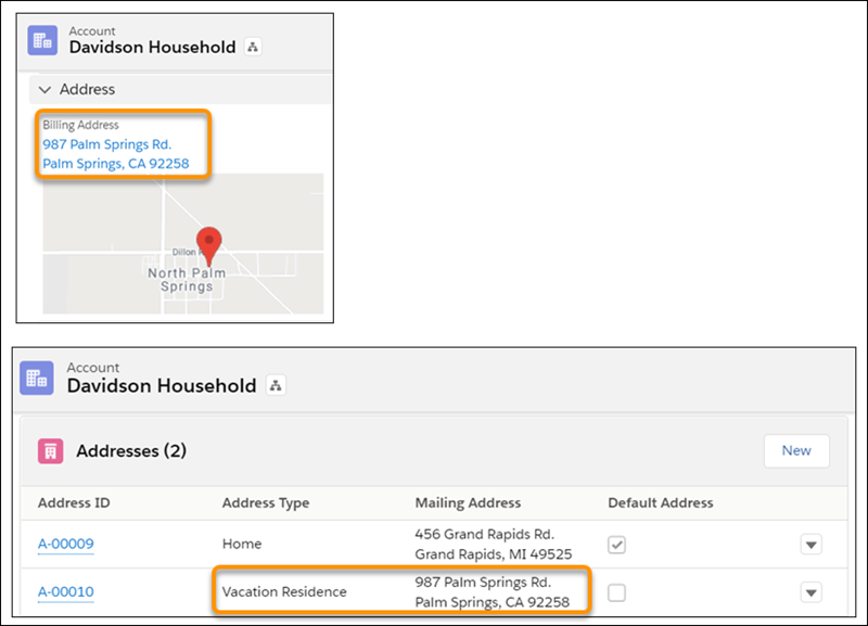 The seasonal address is copied to the billing address field on the Account (and to the Mailing Address field on related Contacts) when the seasonal start date is reached