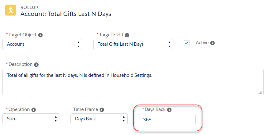 Customizable Rollup with the Days Back field highlighted