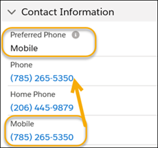 Contact record with Preferred Phone set to Mobile, and Mobile phone number copied to the Phone field