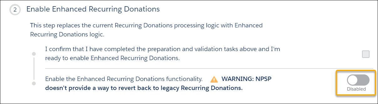 The Upgrade to Enhanced Recurring Donations page with step 2, Enable Enhanced Recurring Donations, incomplete