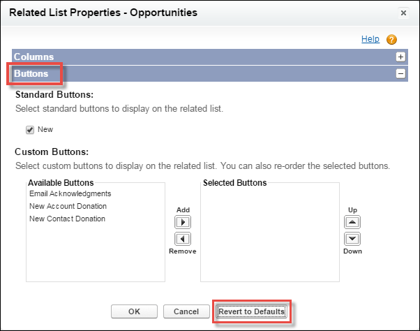 Page Layout Buttons section, showing the Revert to Defaults button highlighted.