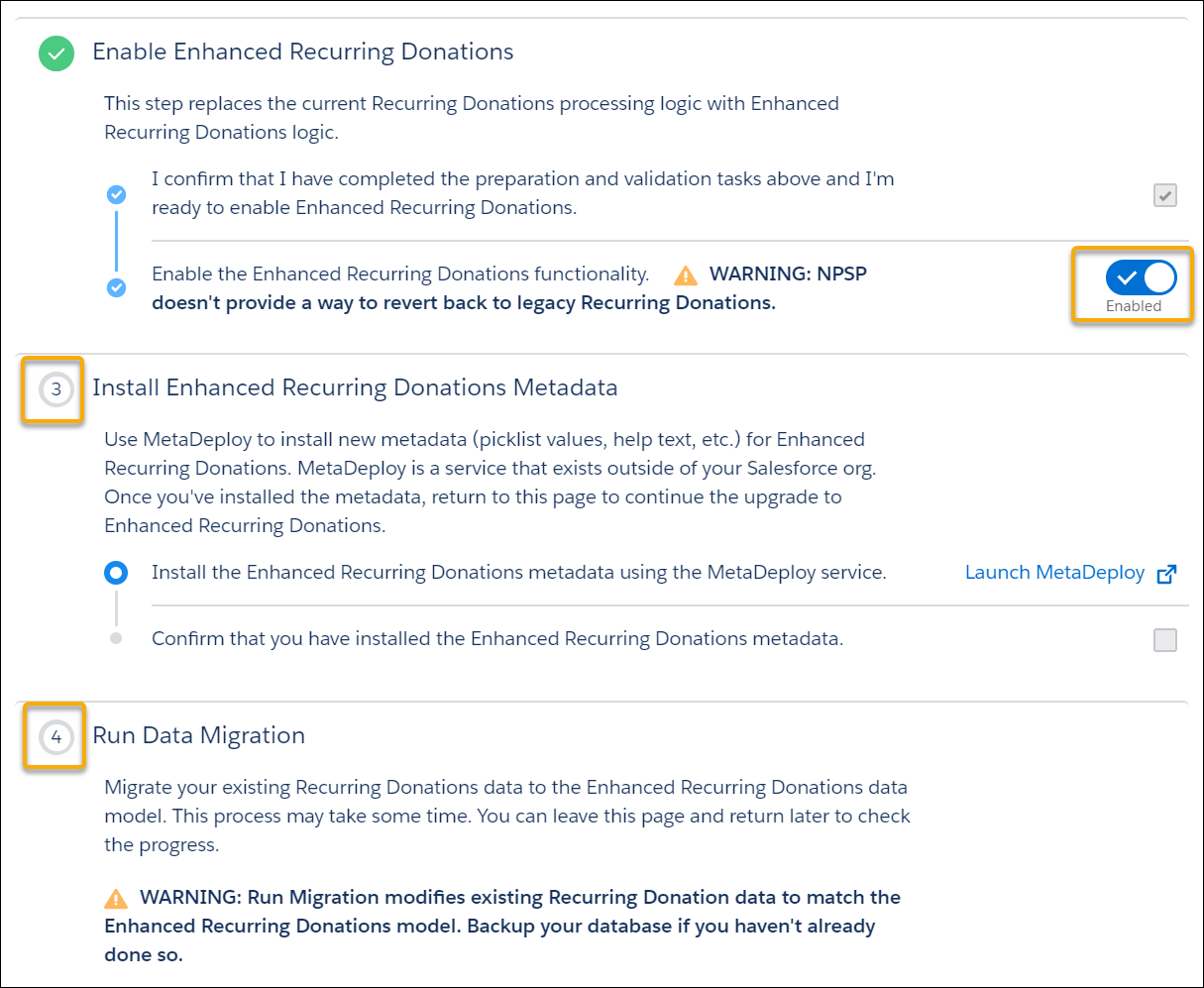 The Upgrade to Enhanced Recurring Donations page with some steps not complete.