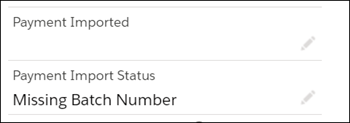 Payment Imported fields, with Payment Imported blank and Payment Import Status = Missing Batch Number.