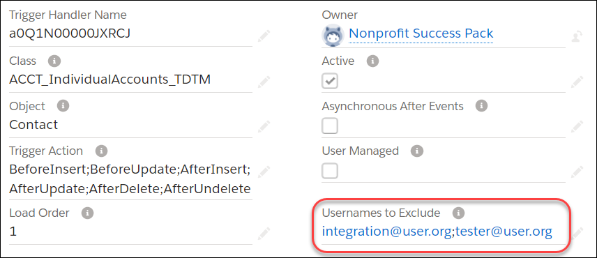 Trigger Handler edit page with Usernames to Exclude field populated.