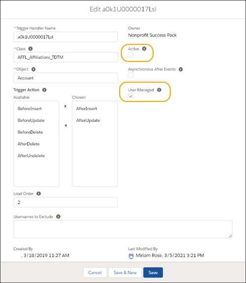 Trigger Handler edit screen with Active unchecked and User Managed checked
