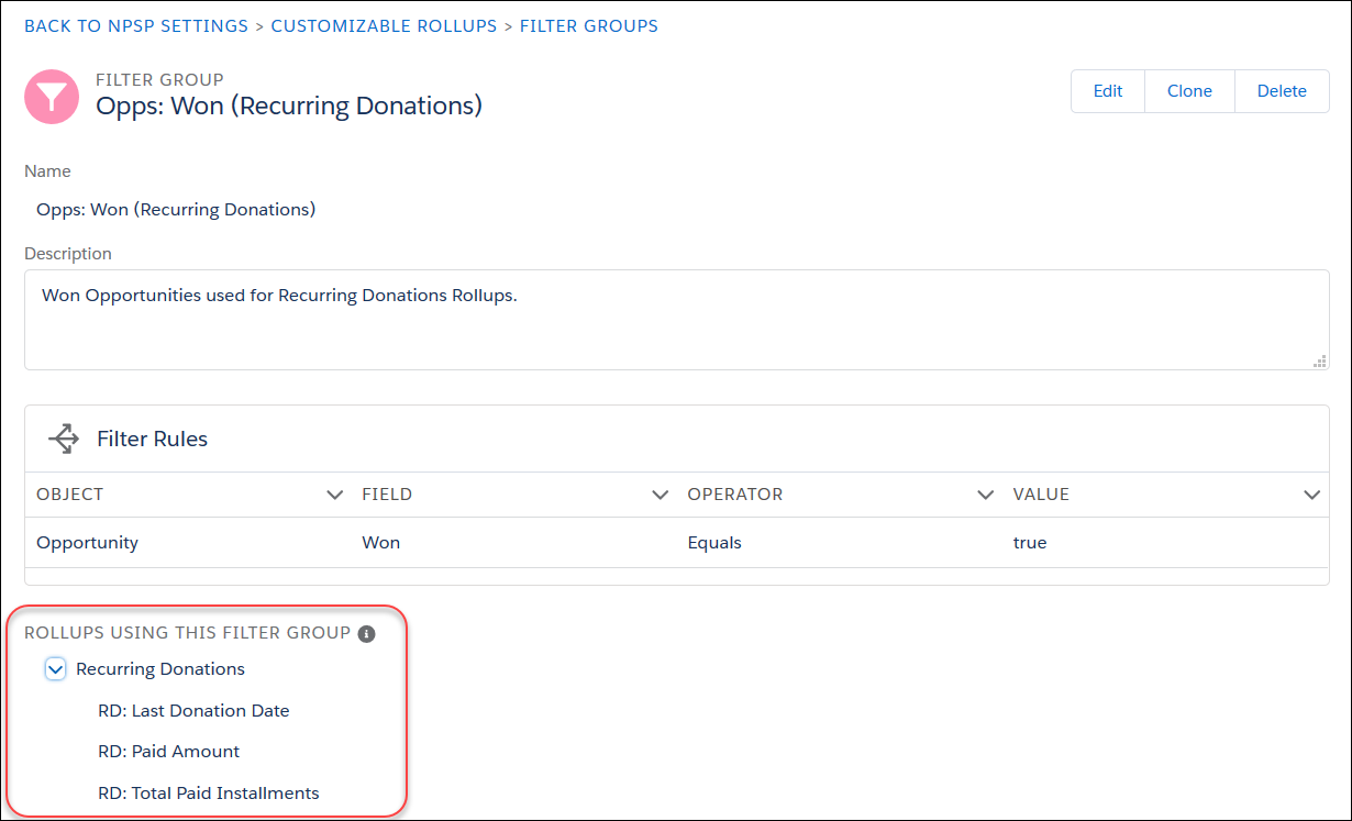 A filter group showing that there are Rollups Using This Filter Group (indicating that you can't delete this filter group).