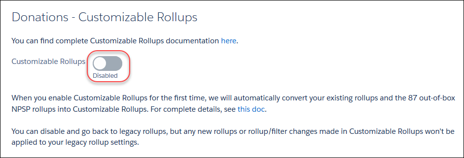 The Customizable Rollups page in NPSP Settings, with the toggle to Enable Customizable Rollups highlighted.