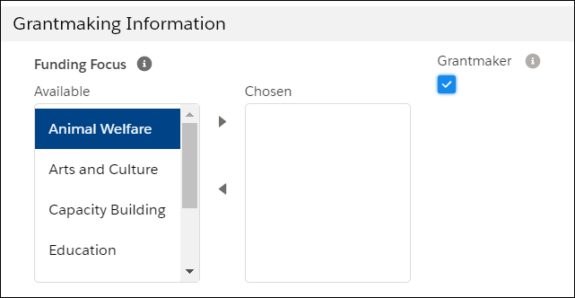 Shows the Funding Focus and Grantmaker fields on an Organization Account