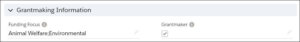 Grantmaking Information section on an Organization Account page layout