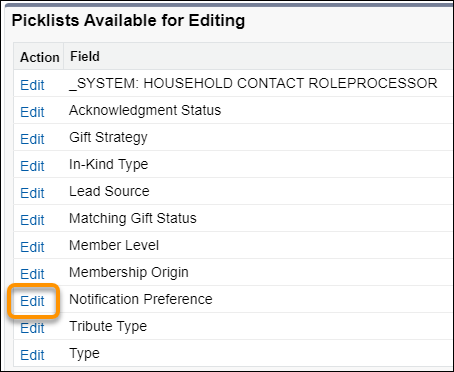 Picklists Available for Editing with the Edit link next to the Notification Preference field highlighted