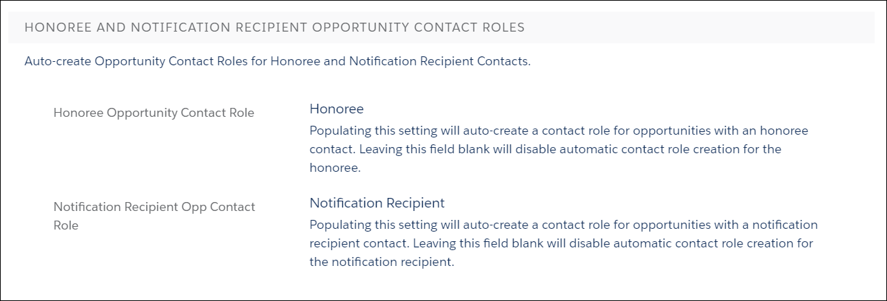 Honoree and Notification Recipient Opportunity Contact Role settings.