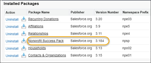 List of installed packages with Nonprofit Success Pack highlighted