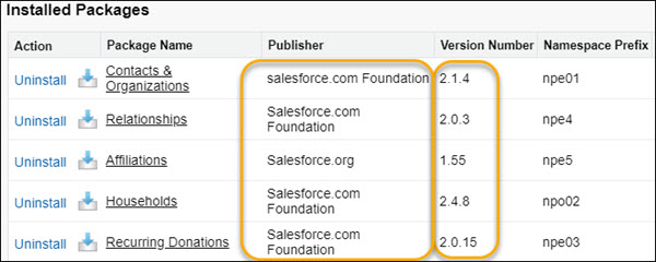List of installed packages with Publisher and Version Number columns highlighted