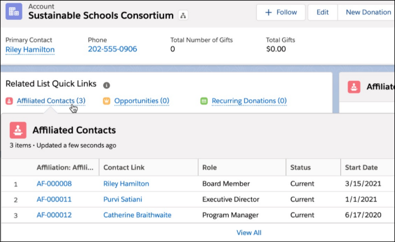 The Affiliated Contacts related list showing three Affiliations.
