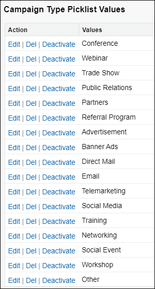 A list of the Campaign Type picklist values: Conference, Webinar, Trade Show, Public Relations, Partners, Referral Program, Advertisement, Banner Ads, Direct Mail, Email, Telemarketing, Social Media, Training, Networking, Social Event, Workshop, and Other.