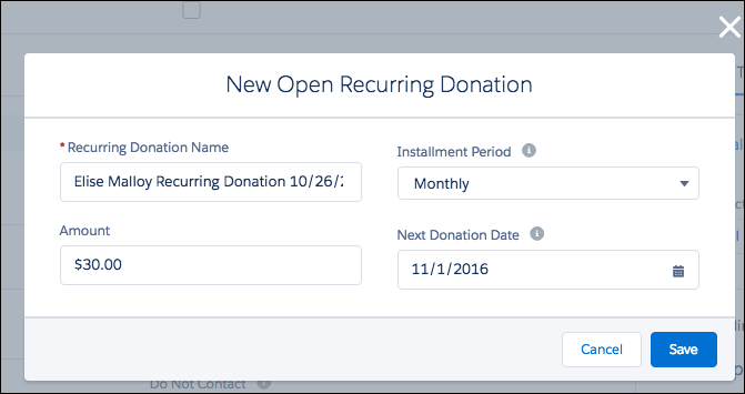 New Open Recurring Donation dialog box