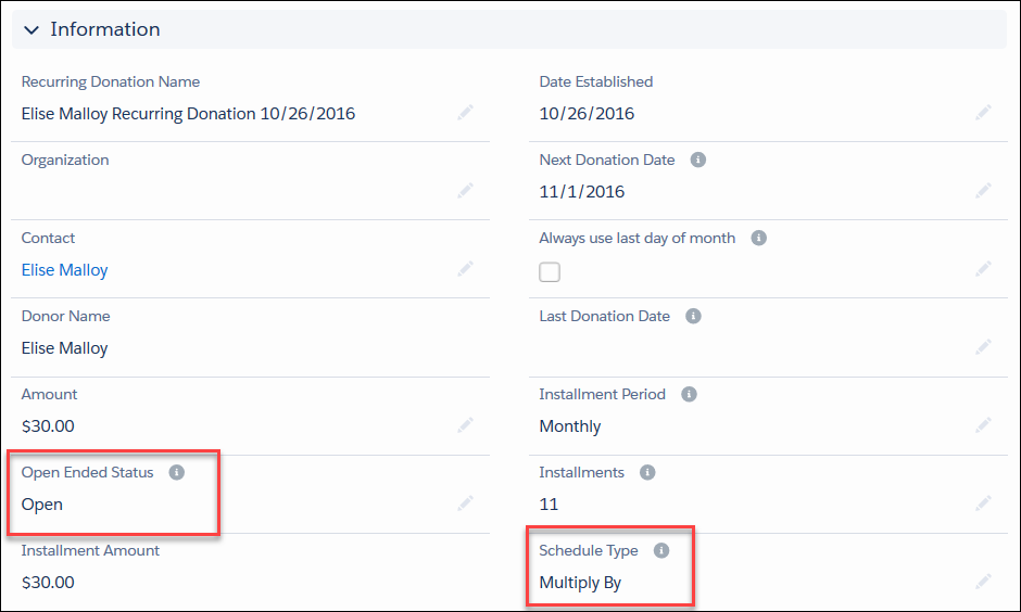Recurring Donation Information section showing populated Open Ended Status and Schedule Type fields