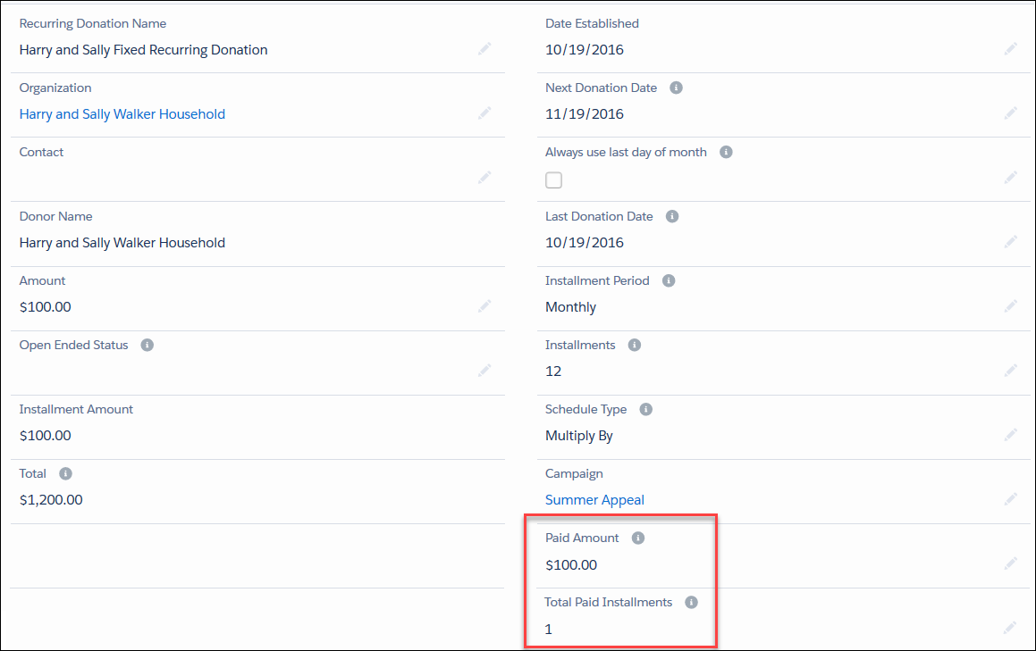 Recurring Donation record showing recalculated fields