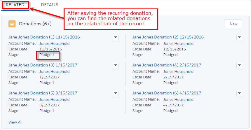 Locate related donations on Related tab